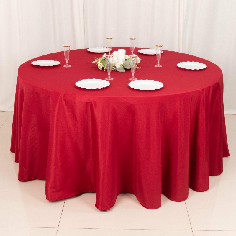 Wine Seamless Polyester Round Tablecloth 120″ for 5 Foot Table With Floor-Length Drop  |   Polyester Polyester Burgundy