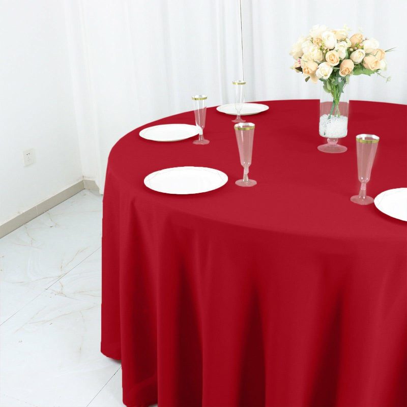 Wine Seamless Polyester Round Tablecloth 120″ for 5 Foot Table With Floor-Length Drop  |   Polyester Polyester Burgundy