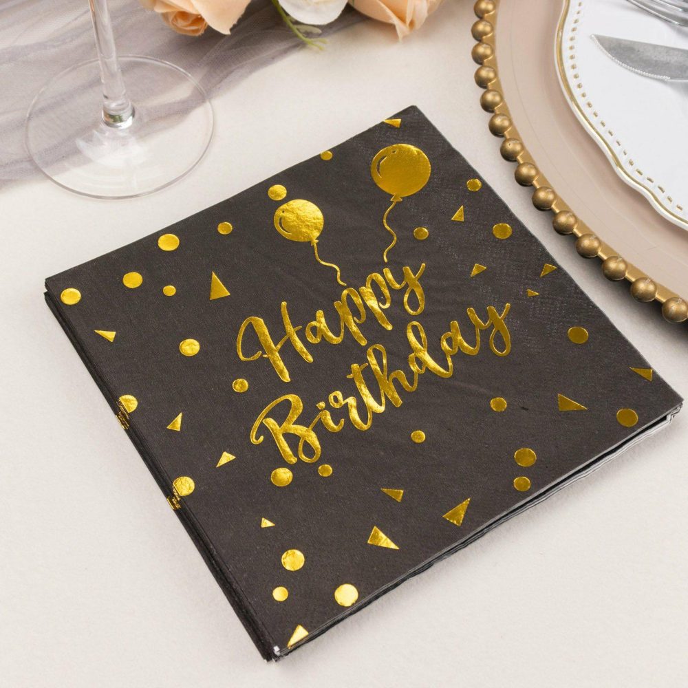 20 Pack Black Gold Happy Birthday Beverage Paper Napkins With Foil Print, Soft 2-Ply Disposable Cocktail Party Napkins 18 GSM  |   Paper Napkins Paper Napkins Happy Birthday