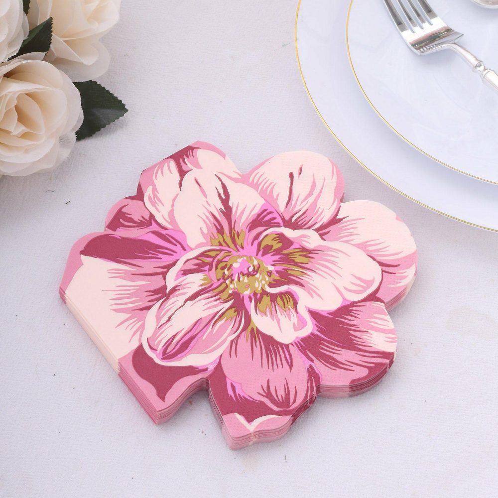 20 Pack Pink Peony Flower Shaped 2-Ply Paper Cocktail Napkins For Wedding Shower, Elegant Disposable Party Beverage Napkins  |   Paper Napkins Paper Napkins Paper Napkins