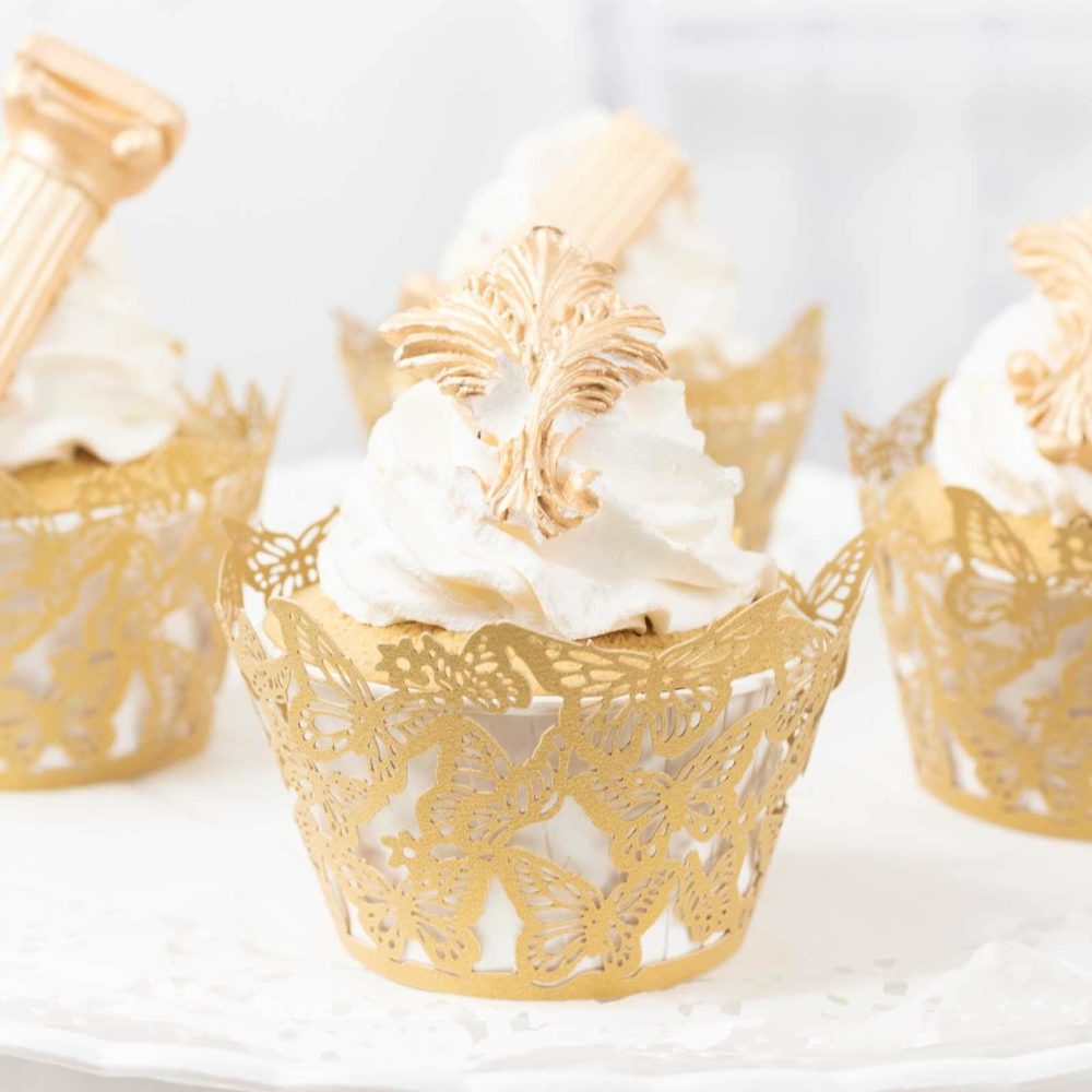 25 Pack Gold Butterfly Lace Pattern Paper Cupcake Liners, 3″ Round Muffin Wrapper Cups  |   Dessert Dishes & Snack Bowls Dessert Dishes & Snack Bowls Dessert Dishes & Snack Bowls