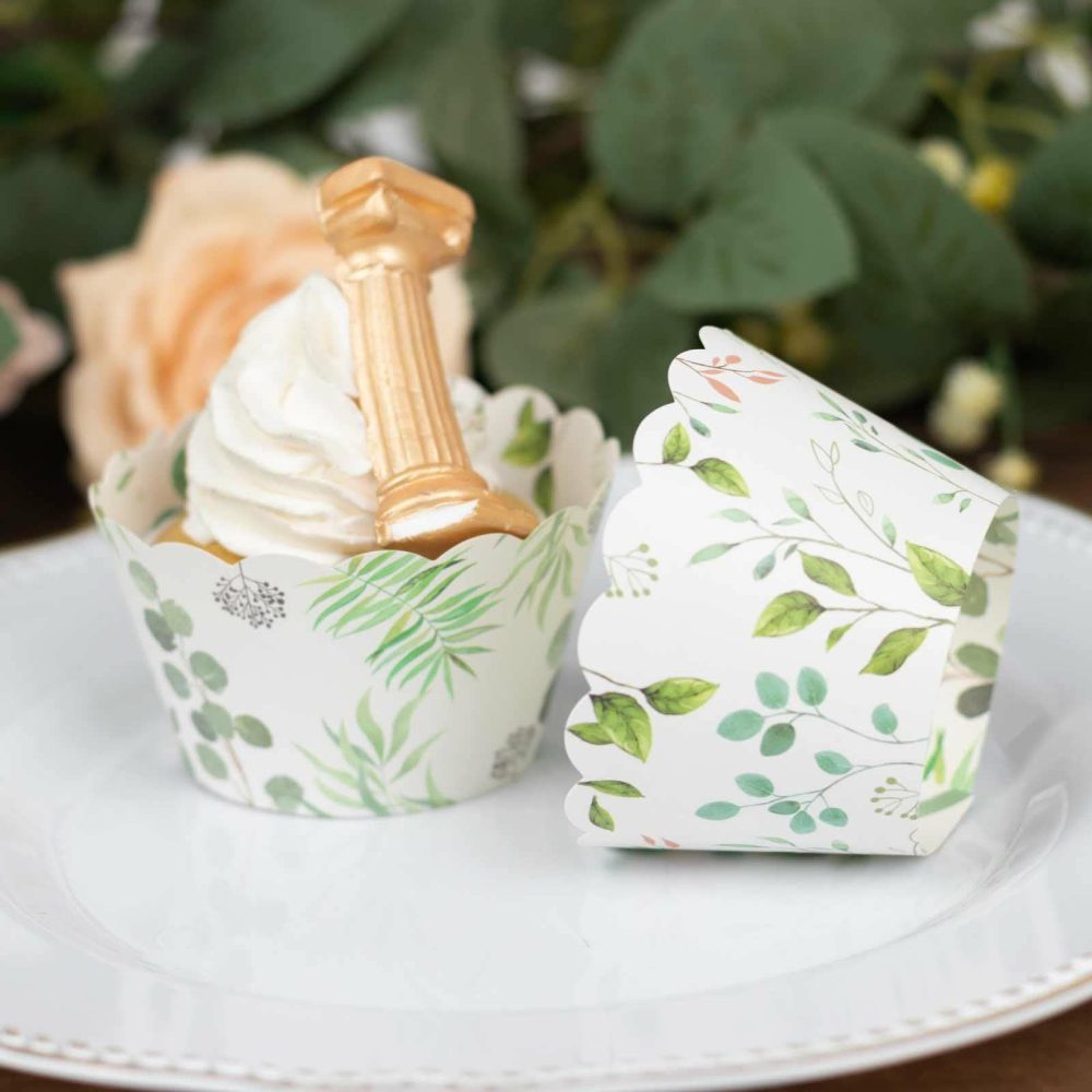 25 Pack White Green Paper Cupcake Wrappers with Eucalyptus Leaves Print, Round Muffin Truffle Cup Dessert Liners – 3″  |   Dessert Dishes & Snack Bowls Dessert Dishes & Snack Bowls Dessert Dishes & Snack Bowls