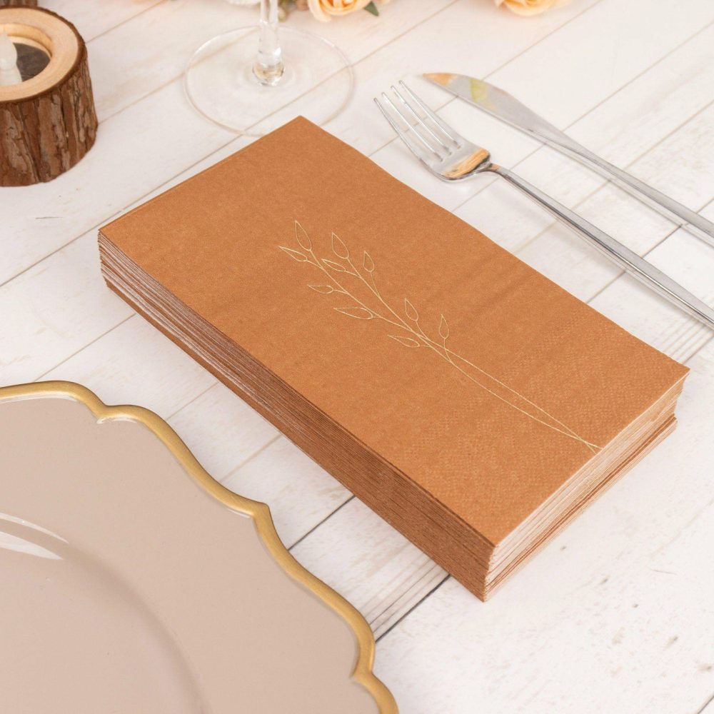 50 Pack Terracotta (Rust) Soft Paper Dinner Napkins with Gold Embossed Leaf, 2 Ply Wedding Party Napkins 18 GSM  |   Paper Napkins Paper Napkins Paper Napkins