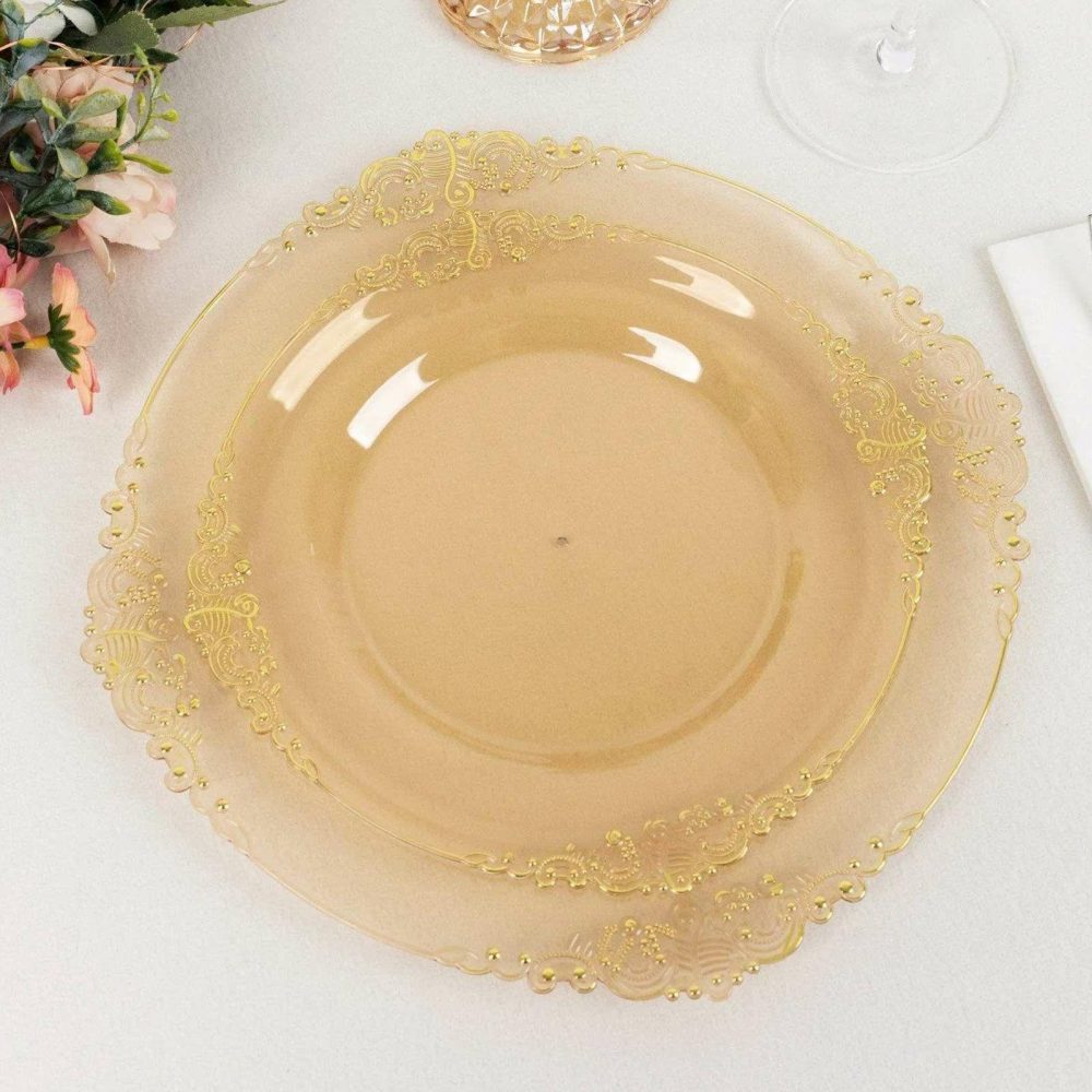 10 Pack Plastic Appetizer Dessert Plates In Vintage Amber, Gold Leaf Embossed Baroque Disposable Round Plates – 8″  |   Disposable Salad/Dessert Plates Disposable Plates Disposable Salad/Dessert Plates