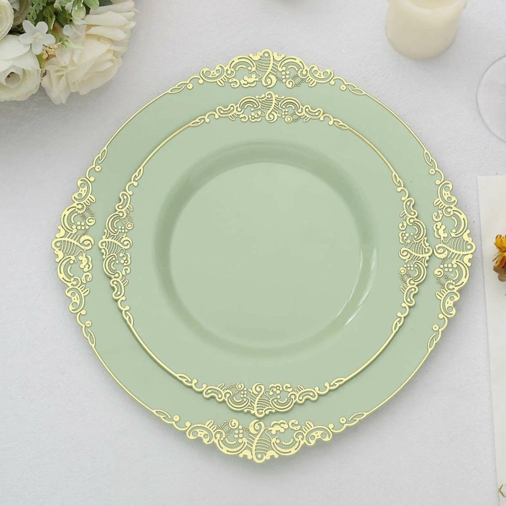 10 Pack Plastic Dessert Salad Plates In Vintage Sage Green, Gold Leaf Embossed Baroque Disposable Plates 8″ Round  |   Disposable Salad/Dessert Plates Disposable Plates Disposable Salad/Dessert Plates