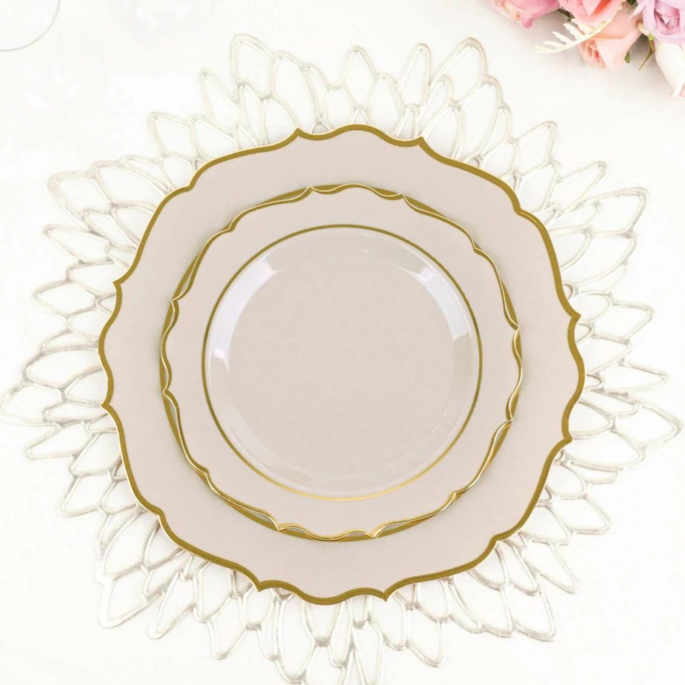 10 Pack Taupe Plastic Dessert Salad Plates, Disposable Tableware Round With Gold Scalloped Rim 8″  |   Disposable Salad/Dessert Plates Disposable Plates Disposable Salad/Dessert Plates