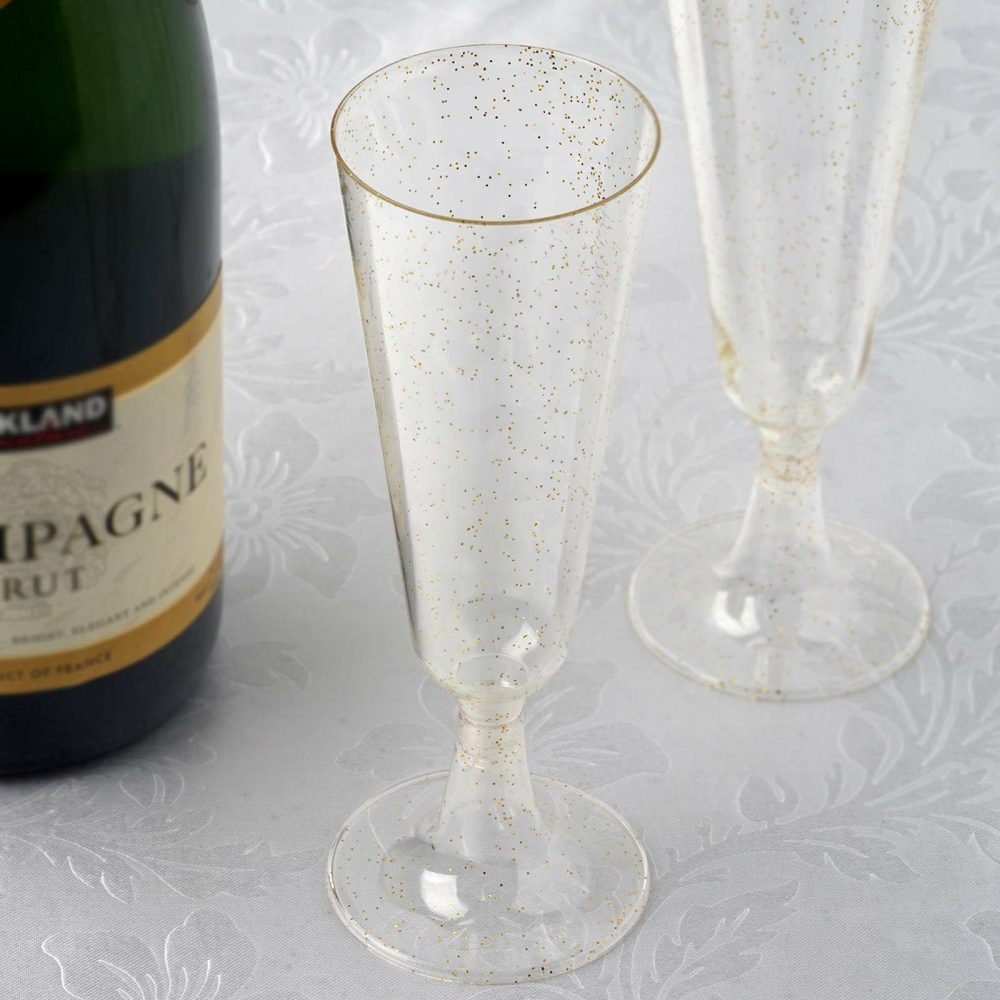 12 Pack Gold Glittered Short Stem Plastic Champagne Glasses, Disposable Trumpet Flutes With Detachable Base 5oz  |   Champagne Glasses & Flutes Champagne Glasses & Flutes Champagne Glasses & Flutes