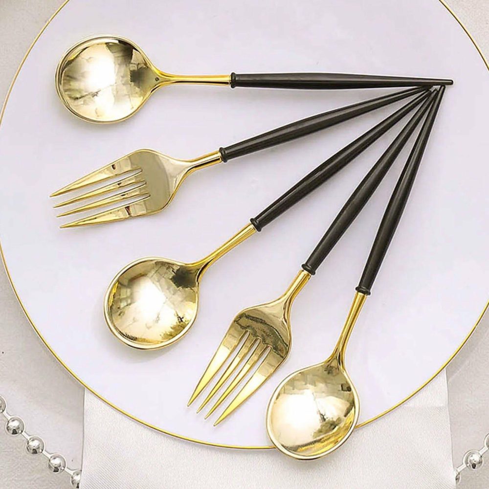 24 Pack Gold / Black Premium Plastic Fork / Spoon Utensil Set, Modern Heavy Duty Disposable Silverware 6″  |   Cutlery Cutlery Cutlery