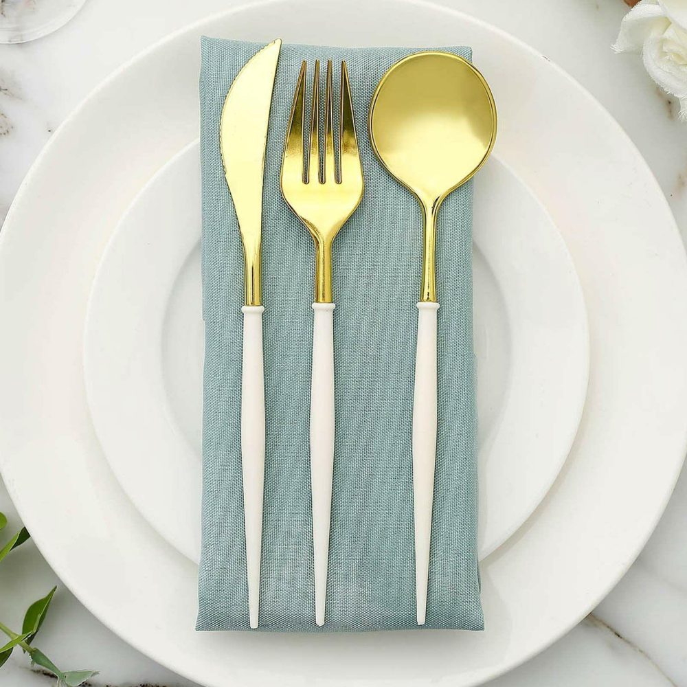 24 Pack Gold Modern Flatware Set, Heavy Duty Plastic Silverware With Ivory Handles 8″  |   Cutlery Cutlery Cutlery