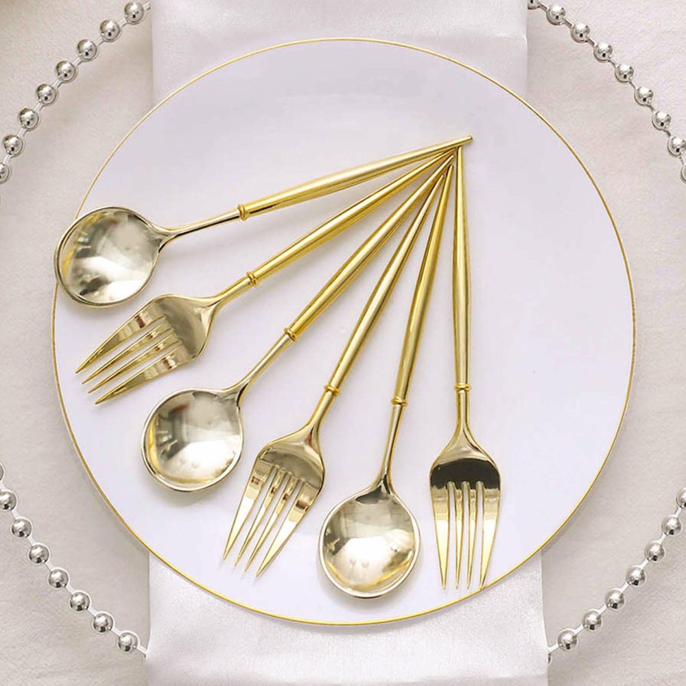 24 Pack Metallic Gold Premium Plastic Fork / Spoon Utensil Set, Modern Heavy Duty Disposable Silverware 6″  |   Cutlery Cutlery Cutlery