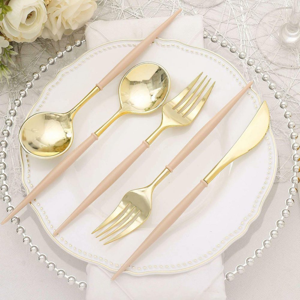 24 Pack Metallic Gold With Beige Utensil Set, Modern Premium Plastic Silverware Set 8″  |   Cutlery Cutlery Cutlery