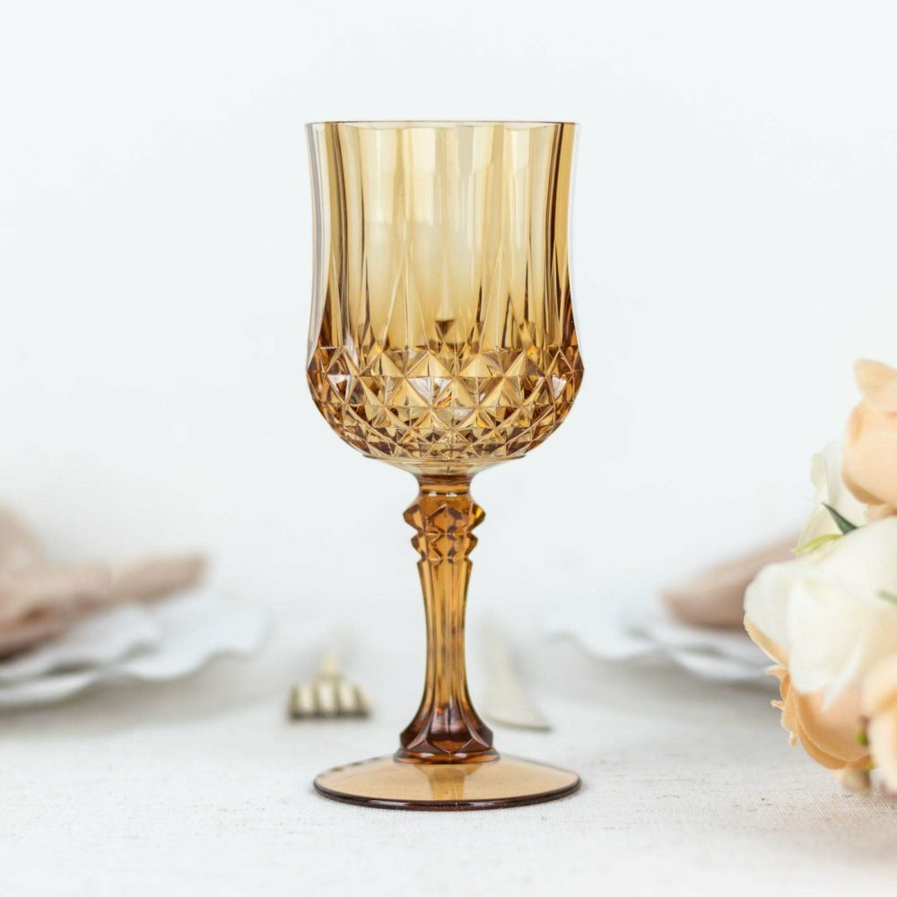 6 Pack Amber Gold Crystal Cut Reusable Plastic Wine Glasses, Shatterproof Cocktail Goblets 8oz  |   Champagne Glasses & Flutes Champagne Glasses & Flutes Amber Gold