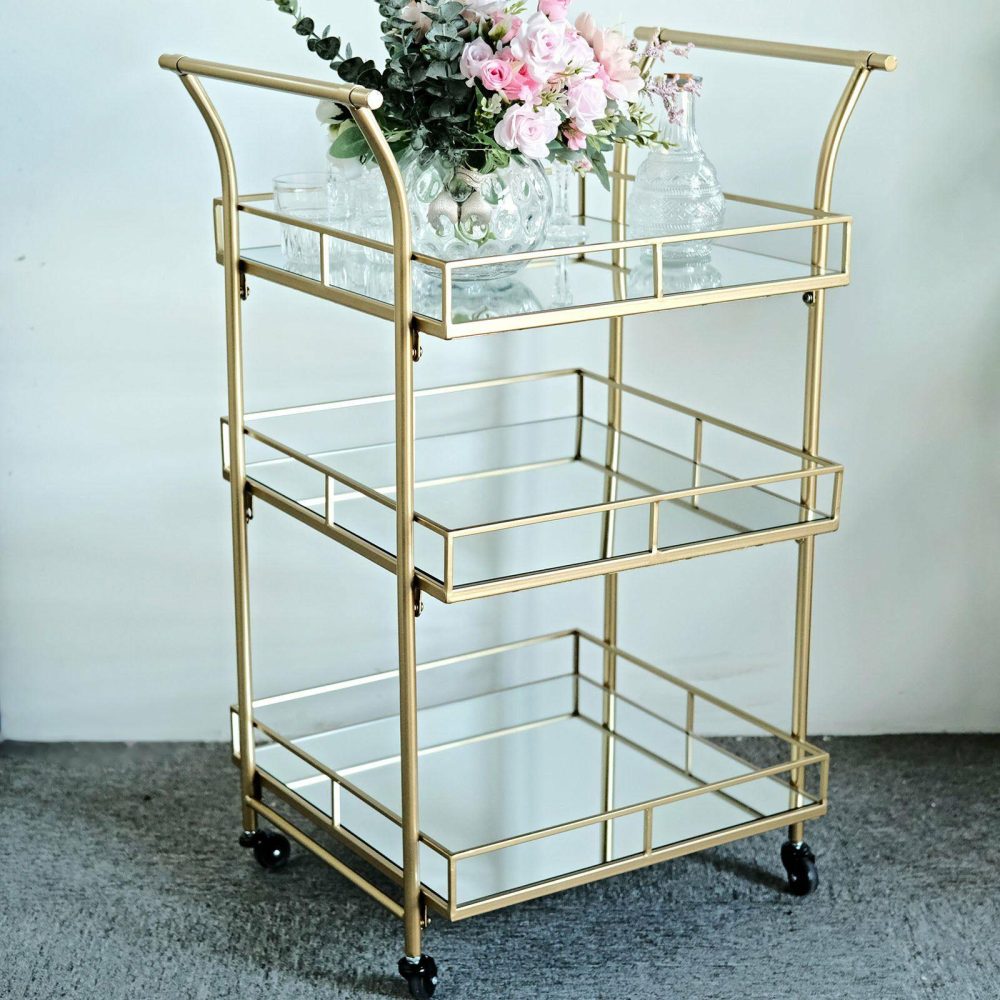 Gold Metal 3-Tier Bar Cart Mirror Serving Tray Kitchen Trolley, Teacart Island Trolley for Events – 3ft Tall  |   Servingwares Disposable Plates 3 Tier