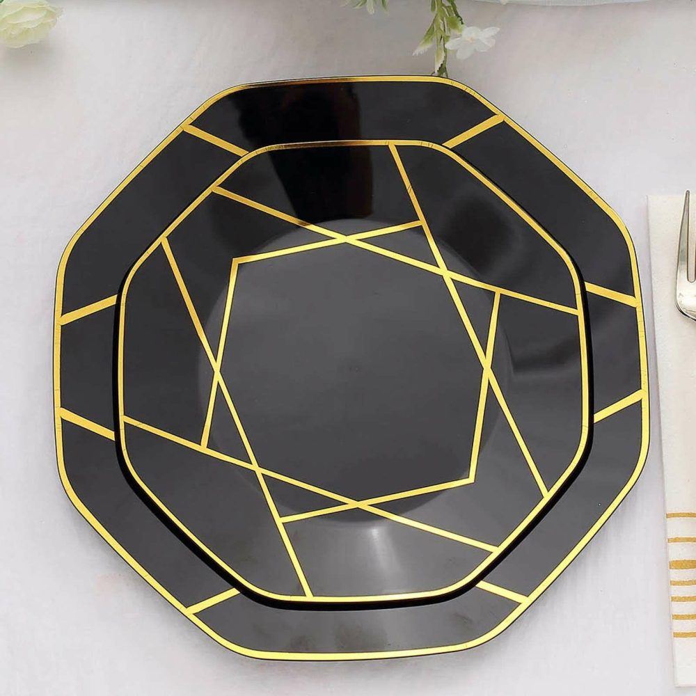 10 Pack Black / Gold Geometric Design Plastic Dessert Plates, Disposable Octagon Salad/Appetizer Party Plates 8″  |   Disposable Salad/Dessert Plates Disposable Plates Black/Gold