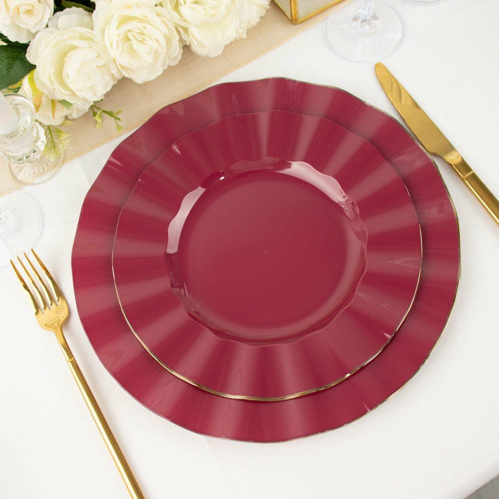 10 Pack Burgundy Hard Plastic Dinner Plates with Gold Ruffled Rim, Heavy Duty Disposable Dinnerware 9″  |   Disposable Dinner Plates Disposable Dinner Plates Burgundy/Gold