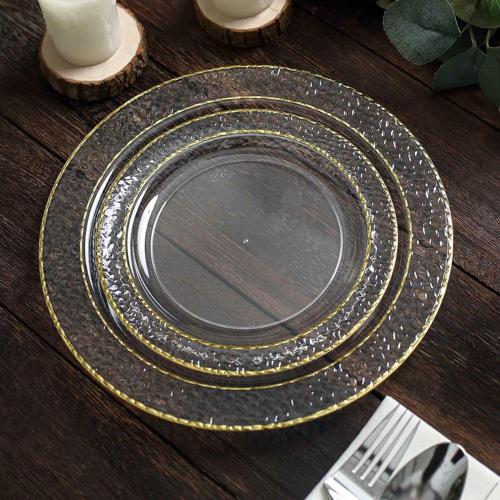 10 Pack Clear Hammered Design Plastic Dessert / Appetizer Plates With Gold Rim 7.5″  |   Disposable Salad/Dessert Plates Disposable Plates Clear/Gold