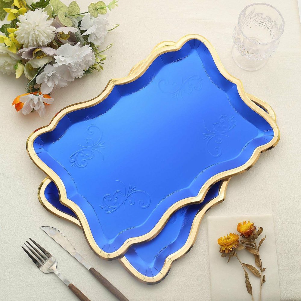 10 Pack Elegant Royal Blue / Gold Rim Disposable Serving Trays, Heavy Duty 400 GSM Paper Rectangular Party Platters 14″x10″  |   Eco-Friendly & Paper Plates Disposable Plates Eco-Friendly & Paper Plates