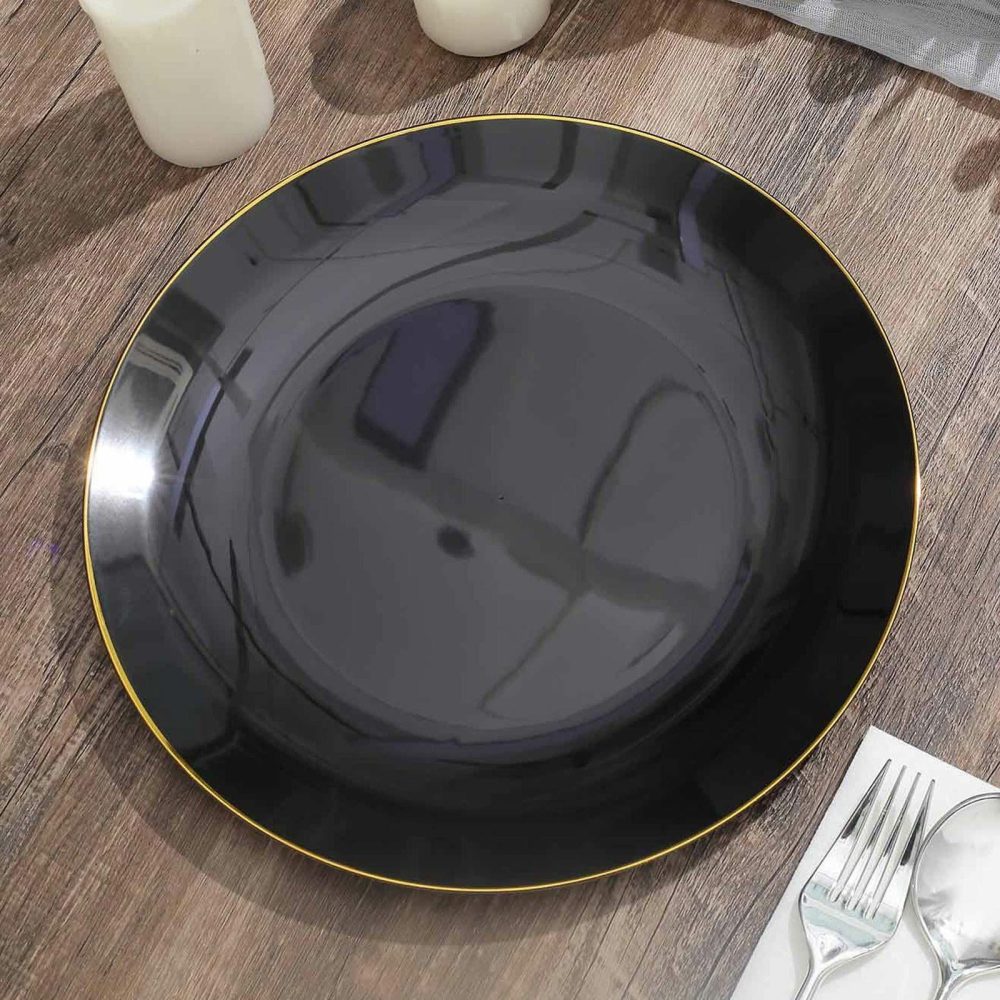 10 Pack Glossy Black Round Plastic Dinner Plates With Gold Rim, Disposable Party Plates 10″  |   Disposable Dinner Plates Disposable Dinner Plates Black