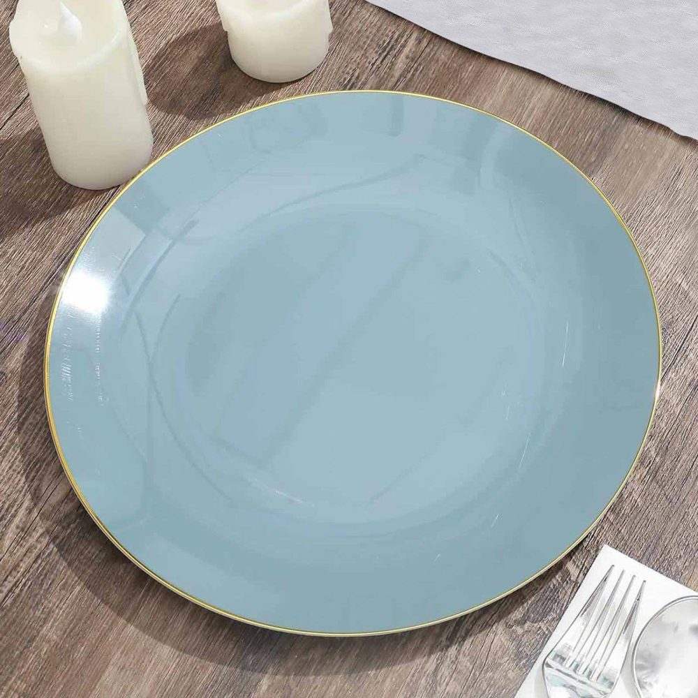 10 Pack Glossy Dusty Blue Round Plastic Dinner Plates With Gold Rim, Disposable Party Plates 10″  |   Disposable Dinner Plates Disposable Dinner Plates Disposable Dinner Plates