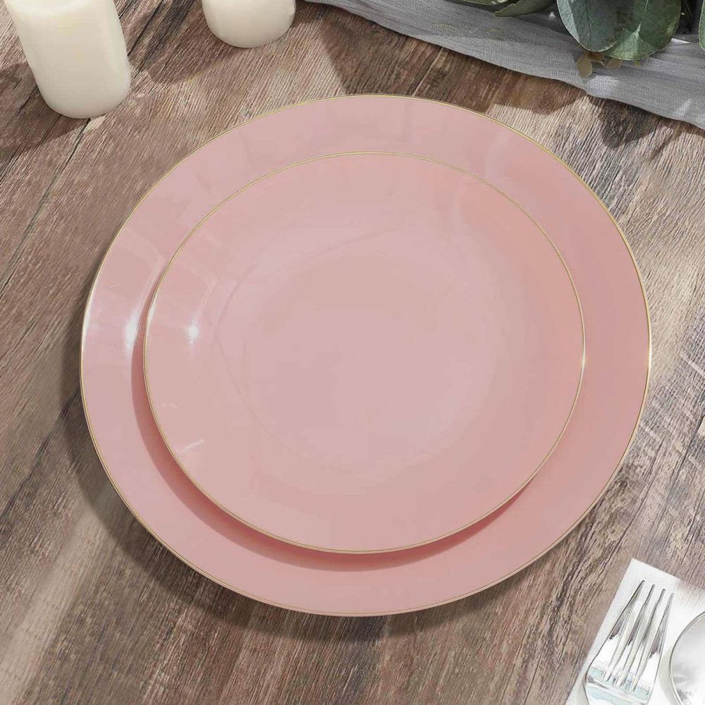 10 Pack Glossy Dusty Rose Round Plastic Dessert Plates With Gold Rim, Disposable Appetizer Salad Party Plates 8″  |   Disposable Salad/Dessert Plates Disposable Plates Disposable Salad/Dessert Plates