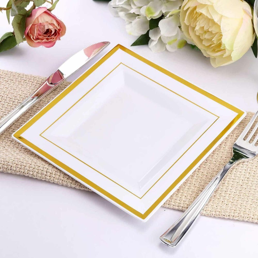 10 Pack Gold Trim White Plastic Square Dessert Plates, Disposable Appetizer Salad Plates 7″  |   Disposable Salad/Dessert Plates Disposable Plates Disposable Salad/Dessert Plates