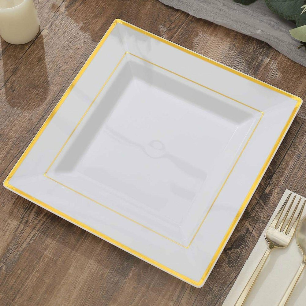 10 Pack Gold Trim White Square Plastic Dinner Plates, Disposable Party Plates 10″  |   Disposable Dinner Plates Disposable Dinner Plates Disposable Dinner Plates