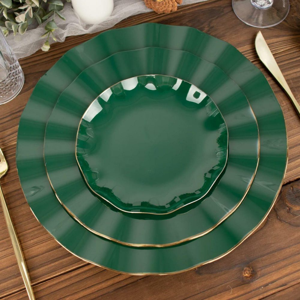 10 Pack Hunter Emerald Green Hard Plastic Dessert Plates with Gold Ruffled Rim, Heavy Duty Disposable Salad Appetizer Dinnerware 6″  |   Disposable Salad/Dessert Plates Disposable Plates Disposable Salad/Dessert Plates