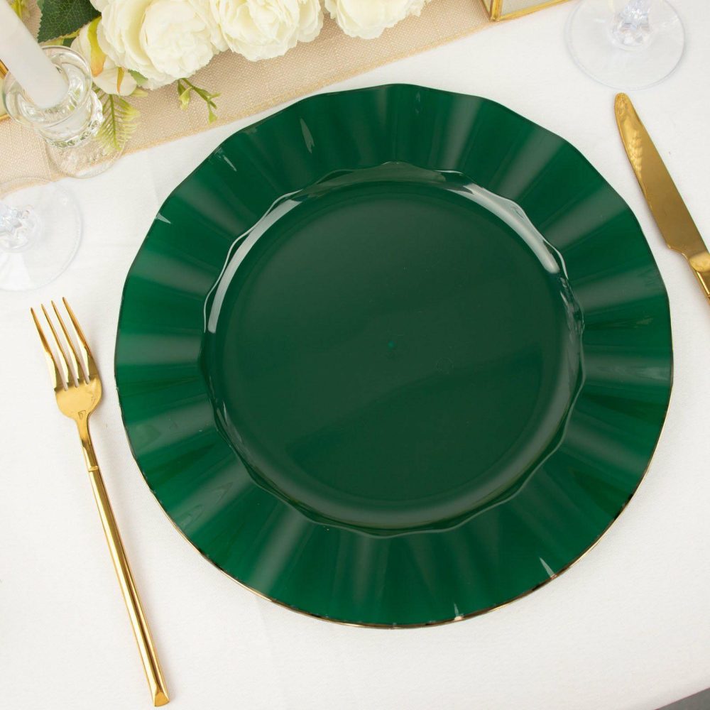 10 Pack Hunter Emerald Green Plastic Party Plates With Gold Ruffled Rim, Round Disposable Dinner Plates 11″  |   Disposable Dinner Plates Disposable Dinner Plates Disposable Dinner Plates