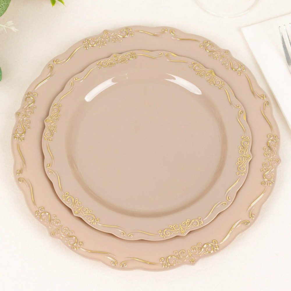 10 Pack Taupe With Gold Vintage Rim Hard Plastic Dessert Plates With Embossed Scalloped Edges, Disposable Salad Plates 7″  |   Disposable Salad/Dessert Plates Disposable Plates Disposable Salad/Dessert Plates