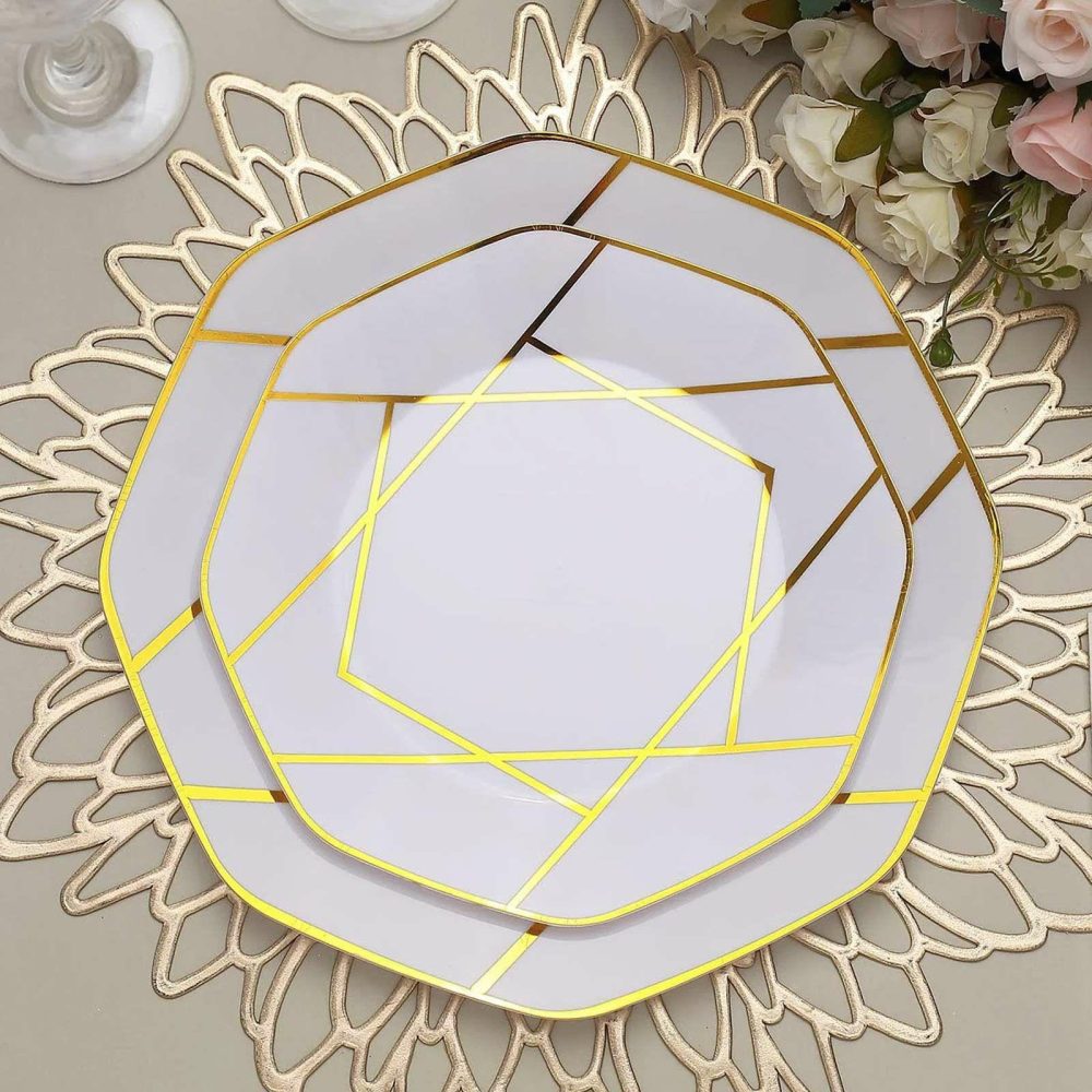 10 Pack White / Gold Geometric Design Plastic Dessert Plates, Disposable Octagon Salad/Appetizer Party Plates 8″  |   Disposable Salad/Dessert Plates Disposable Plates Disposable Salad/Dessert Plates