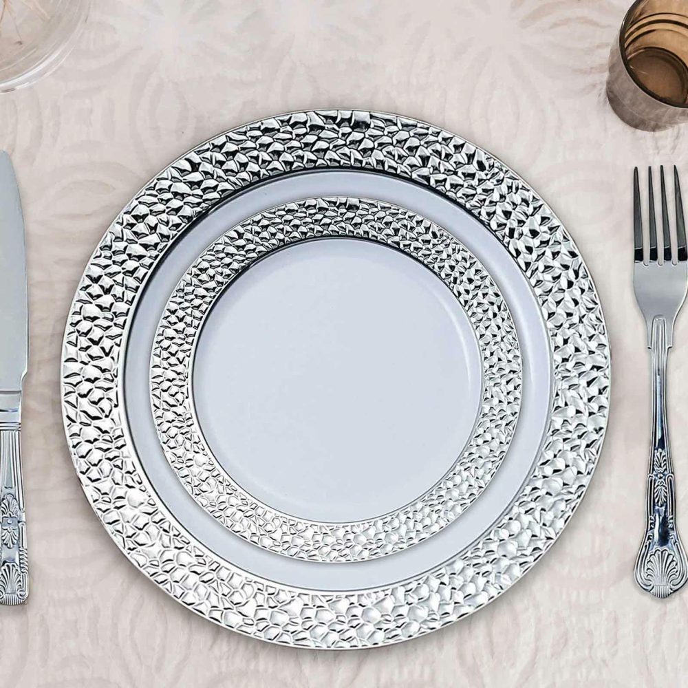 10 Pack White Hammered Design Plastic Dessert / Appetizer Plates With Silver Rim 7.5″  |   Disposable Salad/Dessert Plates Disposable Plates Disposable Salad/Dessert Plates