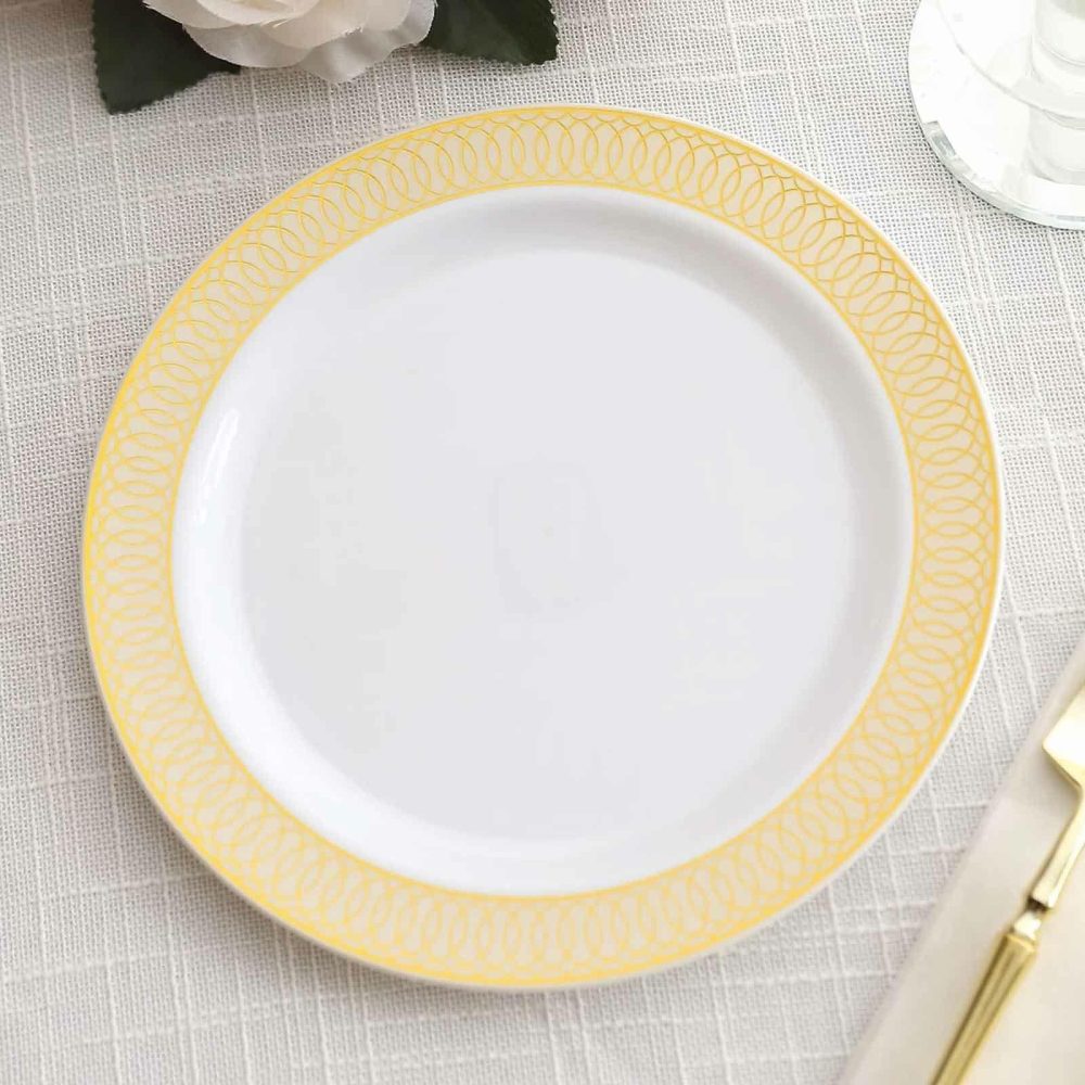 10 Pack White Plastic Dessert Appetizer Plates With Beige Gold Spiral Rim, 7″ Round Disposable Salad Plates  |   Disposable Salad/Dessert Plates Disposable Plates Beige/Gold