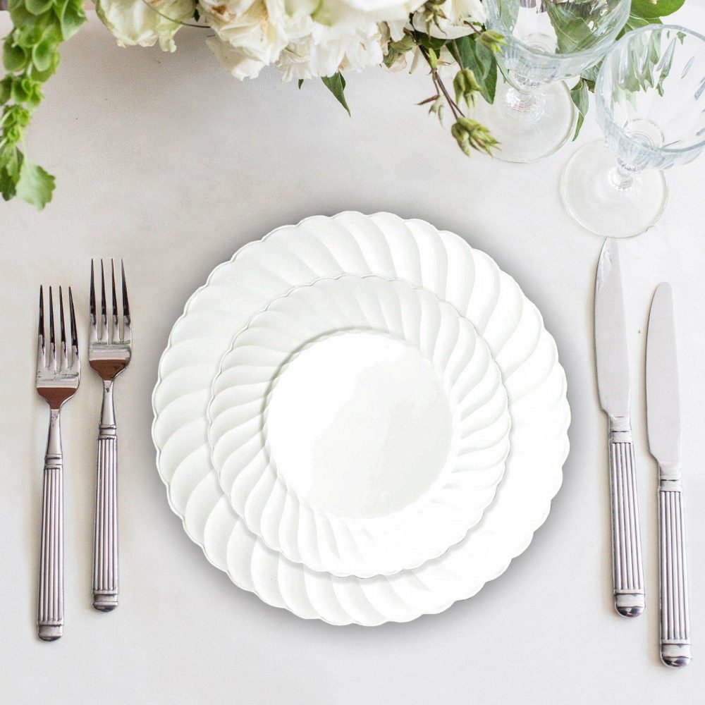 12 Pack Glossy White Swirl Rim Plastic Dessert Appetizer Plates, Round Plastic Salad Plates 6″  |   Disposable Salad/Dessert Plates Disposable Plates Disposable Salad/Dessert Plates