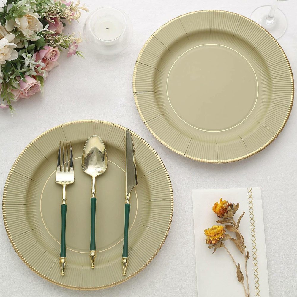 25 Pack Khaki Gold Rim Sunray Heavy Duty Paper Dinner Plates, Disposable Party Plates 350 GSM 10″  |   Eco-Friendly & Paper Plates Disposable Plates Eco-Friendly & Paper Plates