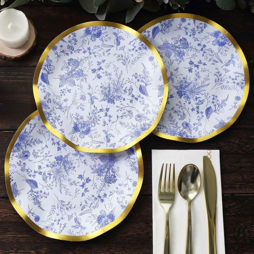 25 Pack White / Blue Chinoiserie Paper Dessert Appetizer Plates With Gold Wavy Rim, Disposable Round Floral Salad Party Plates 8″  |   Eco-Friendly & Paper Plates Disposable Plates Blue