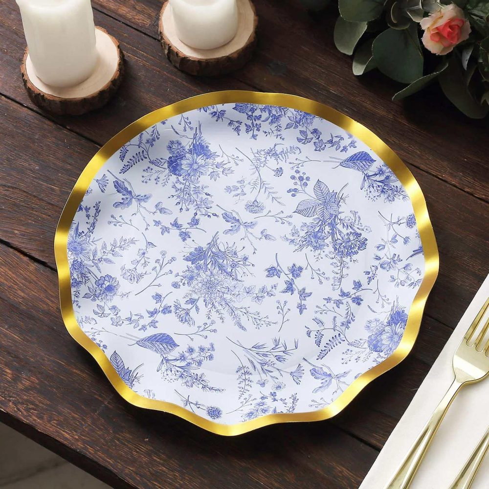 25 Pack White / Blue Chinoiserie Paper Dinner Plates With Gold Wavy Rim, Disposable Floral Round Party Plates 350 GSM 10″  |   Eco-Friendly & Paper Plates Disposable Plates Blue