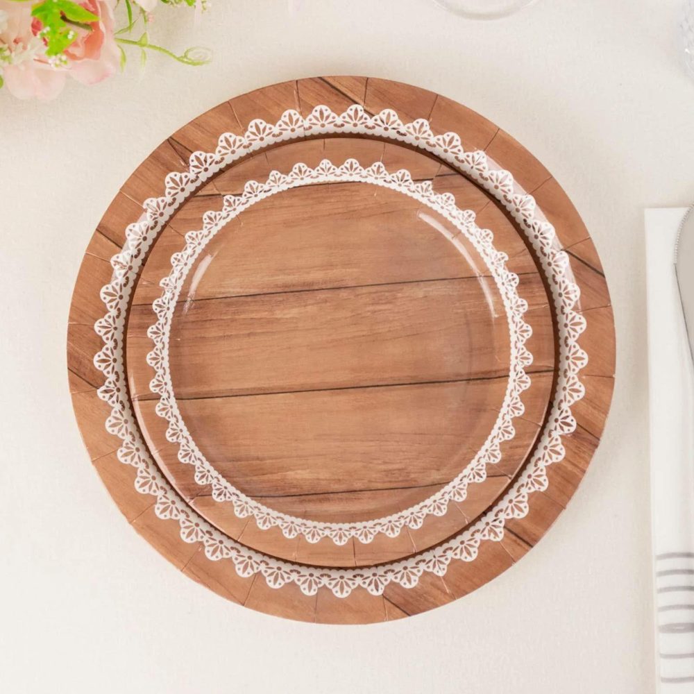 25 Pack White Brown Wood Grain Print Paper Dessert Plates With Floral Lace Rim, Round Disposable Appetizer Salad Plates – 7″  |   Eco-Friendly & Paper Plates Disposable Plates Brown w/ White Lace