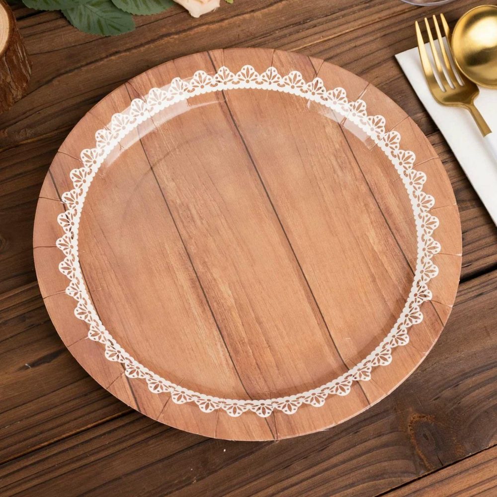 25 Pack White Brown Wood Grain Print Paper Dinner Plates With Floral Lace Rim, Round Disposable Party Plates – 9″  |   Eco-Friendly & Paper Plates Disposable Plates Brown w/ White Lace