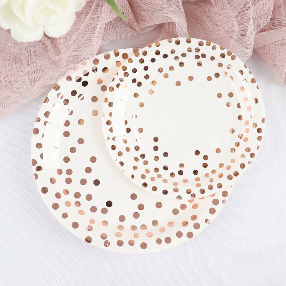 25 Pack White Rose Gold Polka Dot Dessert Appetizer Paper Plates, Disposable Salad Party Plates 300 GSM 7″  |   Eco-Friendly & Paper Plates Disposable Plates Eco-Friendly & Paper Plates