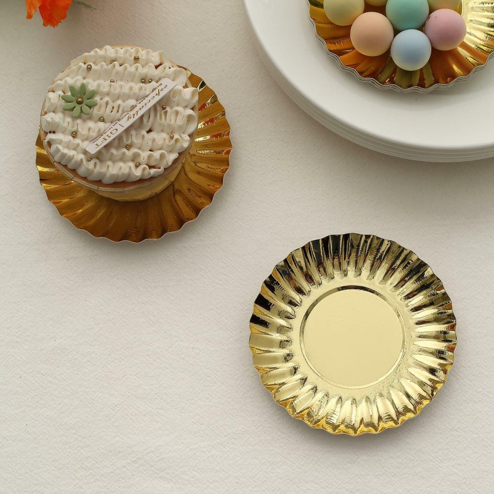 50 Pack Metallic Gold Scalloped Rim Mini Paper Dessert Plates, Disposable Round Tapas Party Plates 250 GSM 3.5″  |   Eco-Friendly & Paper Plates Disposable Plates Eco-Friendly & Paper Plates