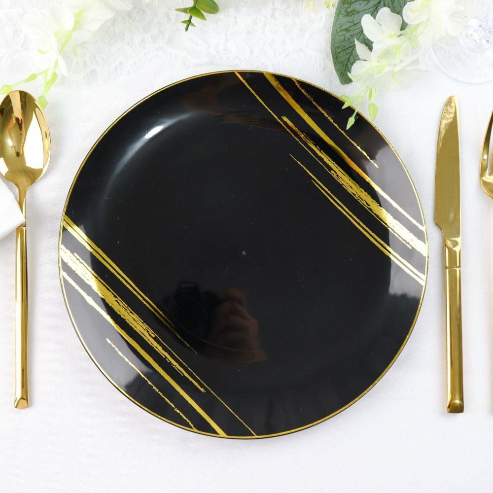 10 Pack Black and Gold Brush Stroked Round Plastic Dinner Plates, Disposable Party Plates Dinnerware 10″  |   Disposable Dinner Plates Disposable Dinner Plates Black/Gold