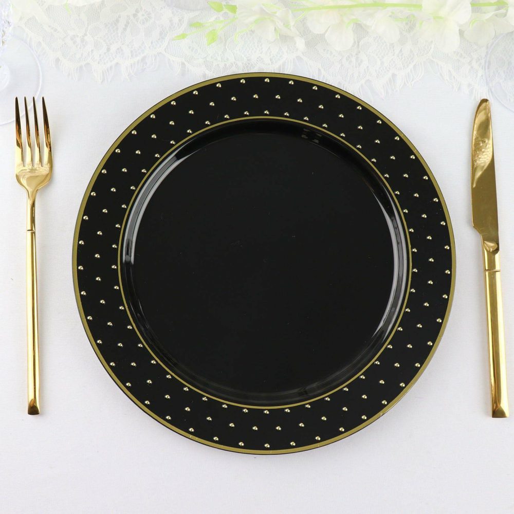 10 Pack Black / Gold 3D Round Plastic Dinner Plates, Disposable Party Serving Plates With 3D Polka Dotted Rim 10″  |   Disposable Dinner Plates Disposable Dinner Plates Disposable Dinner Plates