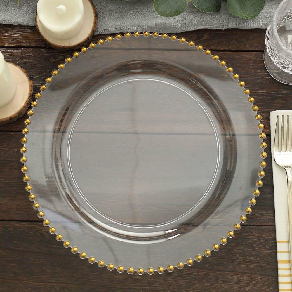 10 Pack Clear / Gold Beaded Rim Plastic Dinner Plates, Disposable Round Party Plates 10″  |   Disposable Dinner Plates Disposable Dinner Plates Clear/Gold