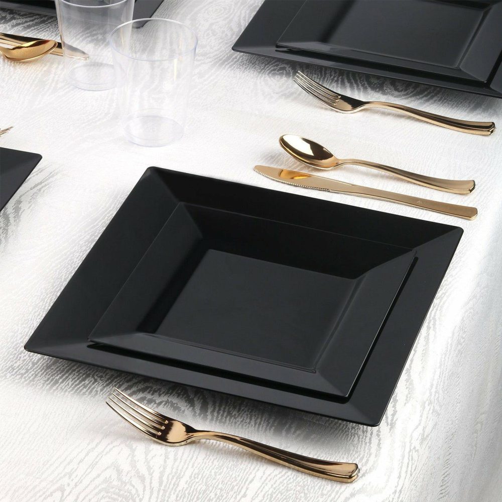 10 Pack Glossy Black Square Plastic Dinner Plates With Wide Rim 10″  |   Disposable Dinner Plates Disposable Dinner Plates Black