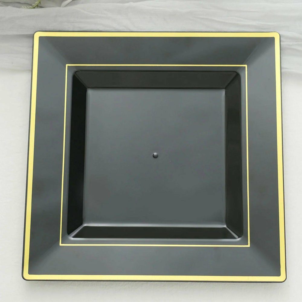 10 Pack Gold Trim Black Square Plastic Disposable Dinner Plates 10″  |   Disposable Dinner Plates Disposable Dinner Plates Black/Gold