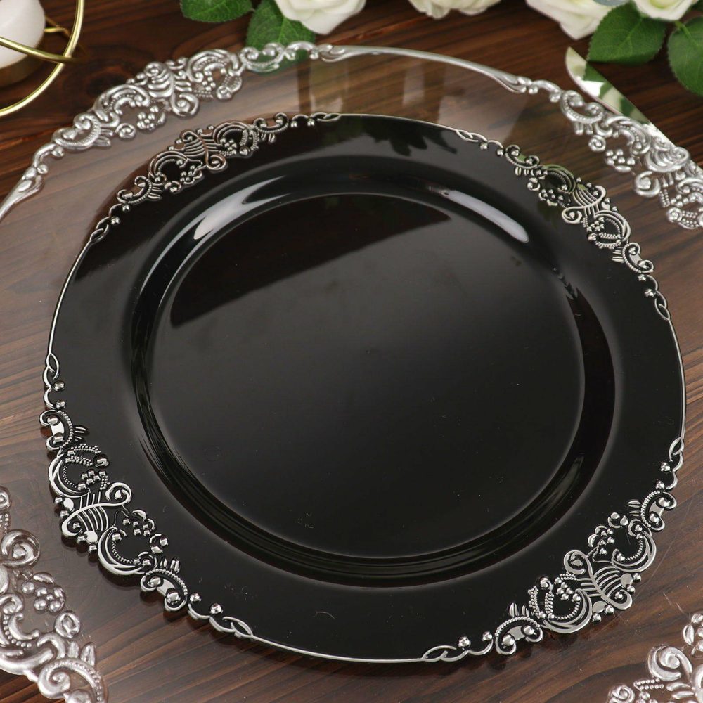 10 Pack Plastic Dinner Plates in Vintage Black, Silver Leaf Embossed Baroque Disposable Plates 10″ Round  |   Disposable Dinner Plates Disposable Dinner Plates Black/Silver