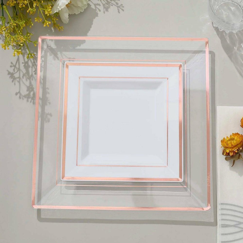 10 Pack Rose Gold Trim White Plastic Square Dessert Plates, Disposable Appetizer Salad Plates 7″  |   Disposable Salad/Dessert Plates Disposable Plates Disposable Salad/Dessert Plates