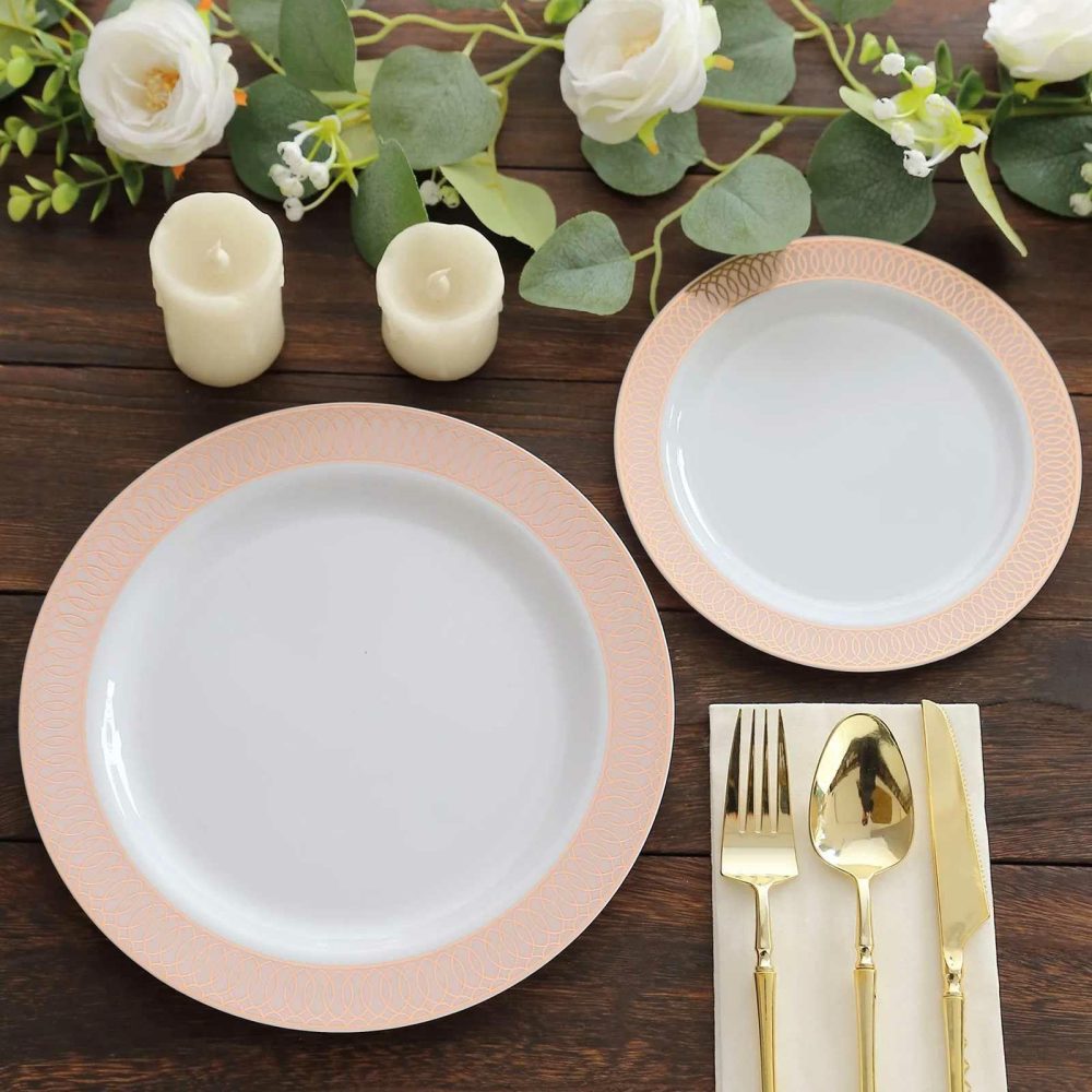 10 Pack White Plastic Dinner Plates With Blush Rose Gold Spiral Rim, Round Disposable Party Plates 10″ Round  |   Disposable Dinner Plates Disposable Dinner Plates Blush/Rose gold