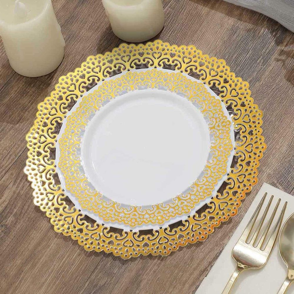 10 Pack White with Gold Lace Rim Plastic Dessert Appetizer Plates, Disposable Salad Party Plates 7″  |   Disposable Salad/Dessert Plates Disposable Plates Disposable Salad/Dessert Plates