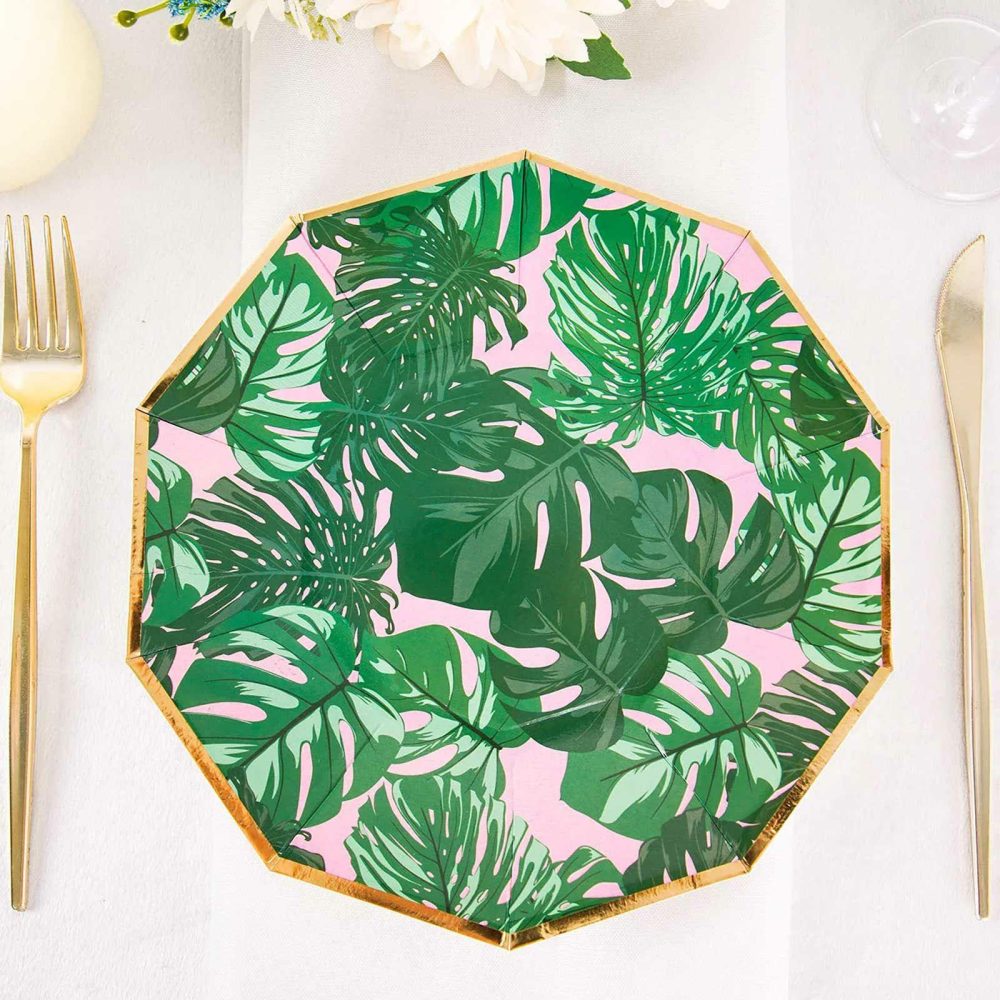 25 Pack Tropical Palm Leaf Dinner Paper Plates, Disposable Plates Geometric Decagon Shaped Pink/Green With Gold Rim 9″  |   Eco-Friendly & Paper Plates Disposable Plates Eco-Friendly & Paper Plates